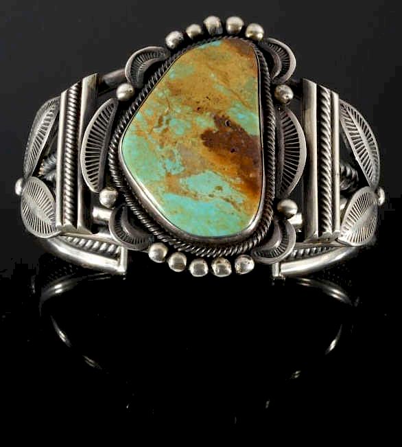 Appraisal: G Tom Navajo Etched Sterling Ajax Turquoise Cuff For sale