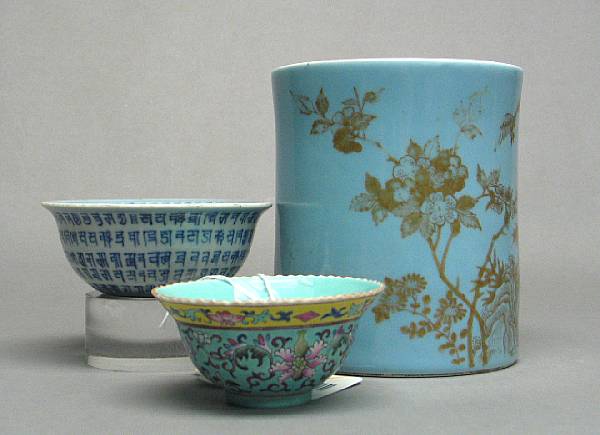 Appraisal: A 'sky blue' glazed porcelain brush pot with gilt decoration