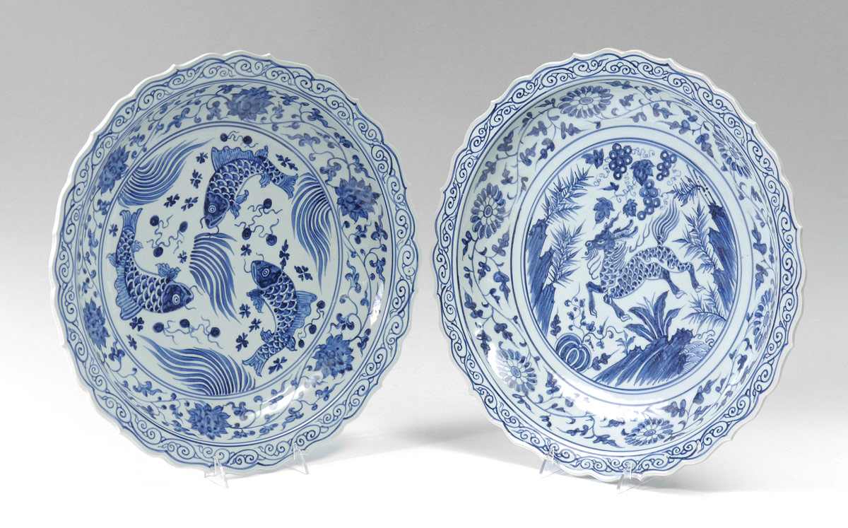 Appraisal: PIECE ORIENTAL BLUE WHITE CHARGERS pieces to include Koi fish