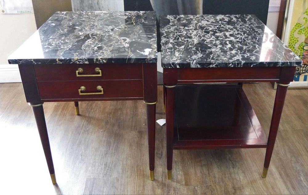 Appraisal: FRENCH STYLE MARBLE TOP BEDROOM END TABLES Mid century one