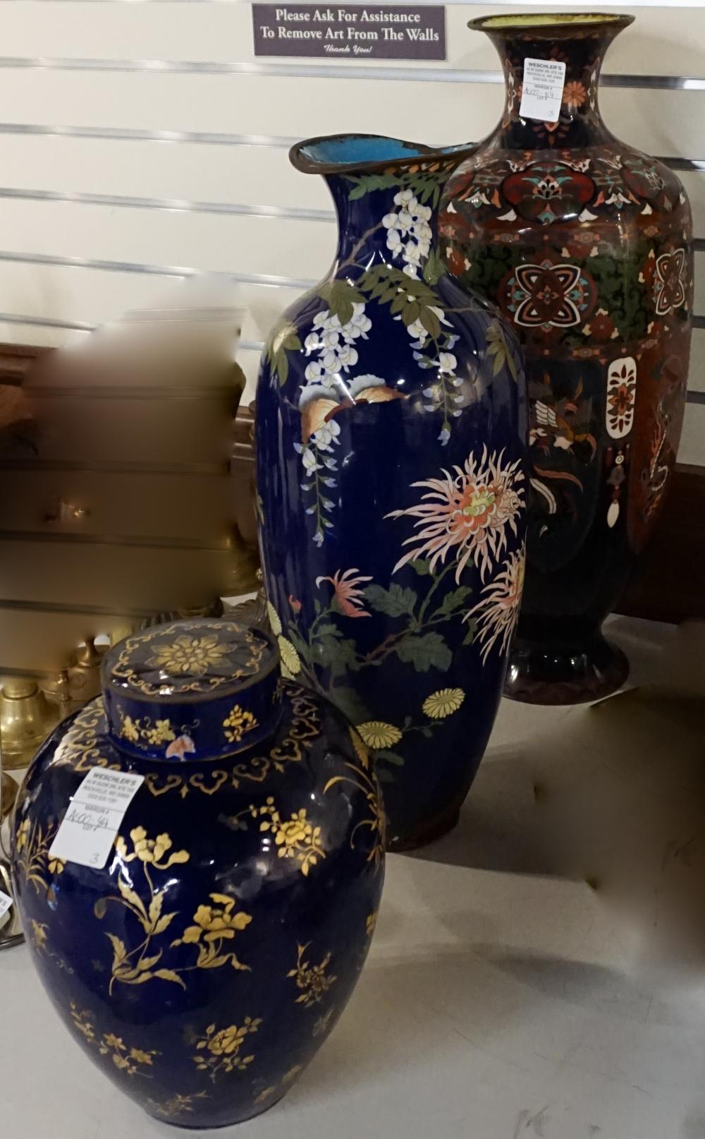 Appraisal: Two Assorted Southeast Asian Cloisonn Enameled Vases and a Covered