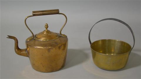 Appraisal: COPPER TEA POT AND BRASS POT WITH HANDLE The tea