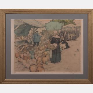 Appraisal: Tavic Frantisek Simon - Market Scene Colored etching Signed lower