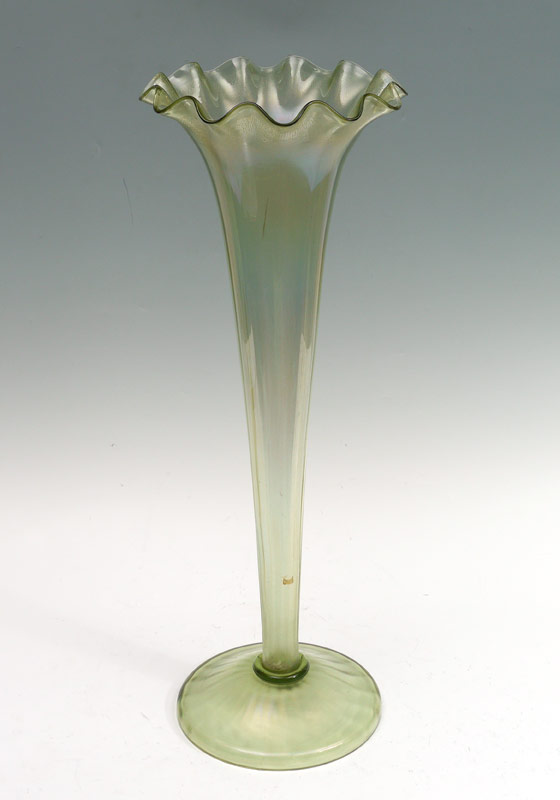 Appraisal: TALL VENETIAN STRETCH GLASS VASE Slight iridescent green glass approx