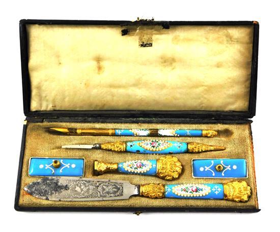 Appraisal: French enamel and gilt metal mounted desk set th C