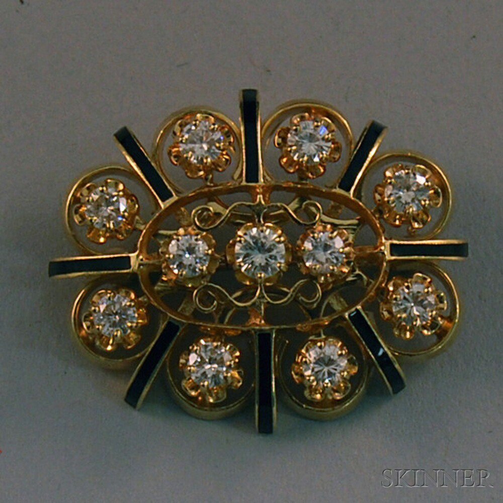 Appraisal: kt Gold Diamond and Black Enamel Pendant Brooch the openwork