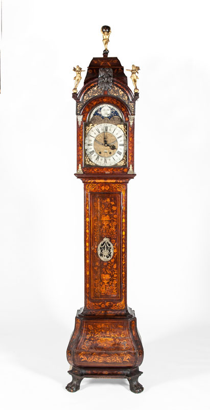 Appraisal: DUTCH ROCOCO GILT-METAL-MOUNTED MAHOGANY AND FRUITWOOD MARQUETRY TALLCASE CLOCK Dial