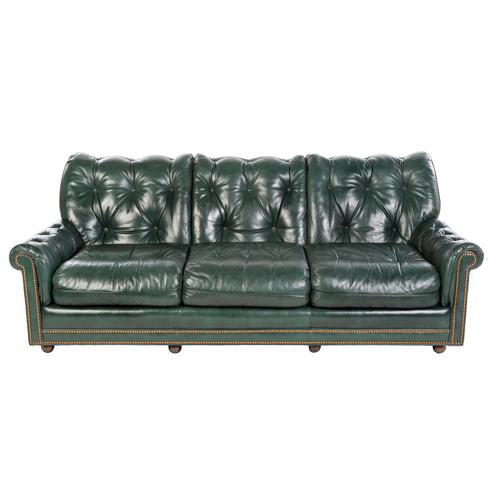 Appraisal: HANCOCK MOORE GREEN LEATHER SOFA Tufted -cushion button leather upholstery