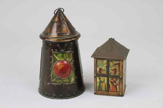 Appraisal: TWO LANTERN TINS Lithographed tinplate Comprising a Huntley and Palmer