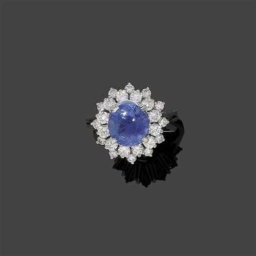 Appraisal: SAPPHIRE AND BRILLIANT-CUT DIAMOND RING ca White gold Classic-elegant ring