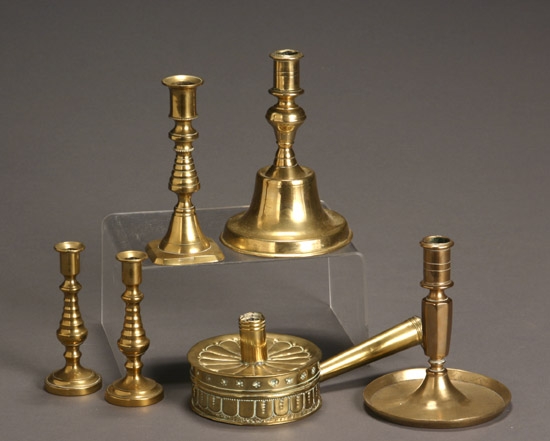 Appraisal: Group of Five European Brass Candlesticks and a Tinder Box