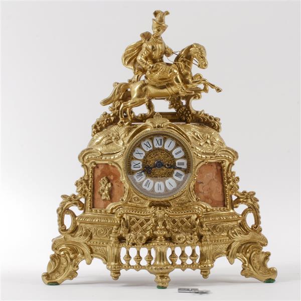 Appraisal: French Rococo gilt brass and marble mantel clock mounted with