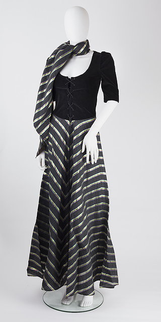 Appraisal: A s Biba metallic stripe dress with black velvet laced