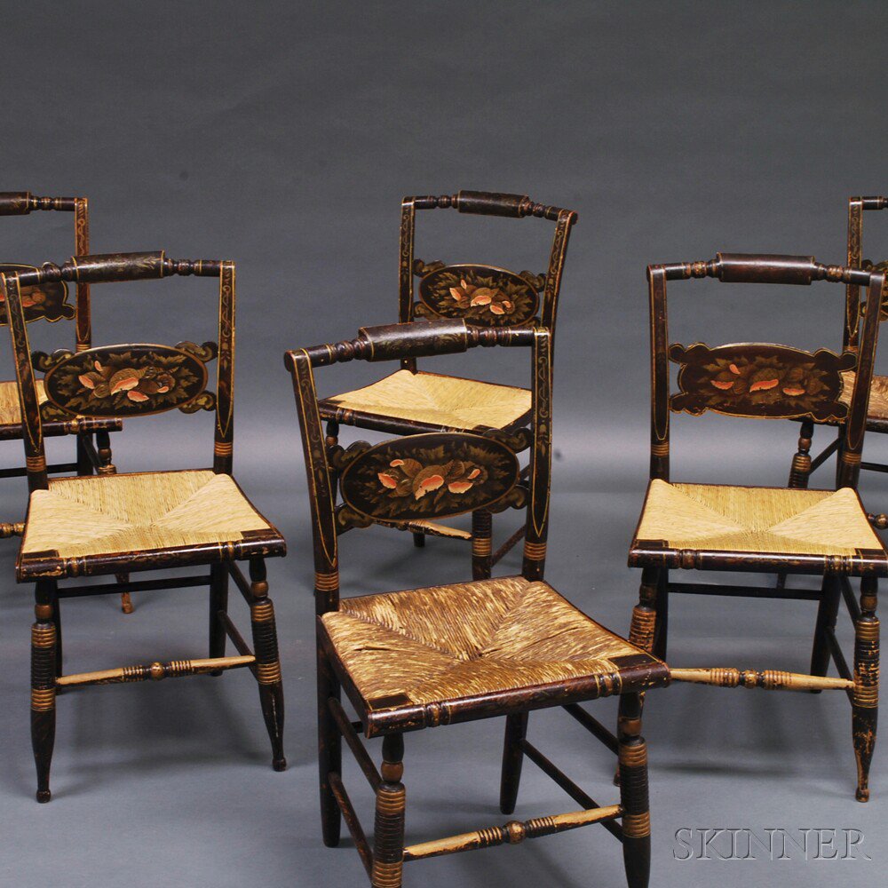 Appraisal: Set of Six Grain-painted and Gilt-stenciled Fancy Chairs imperfections ht