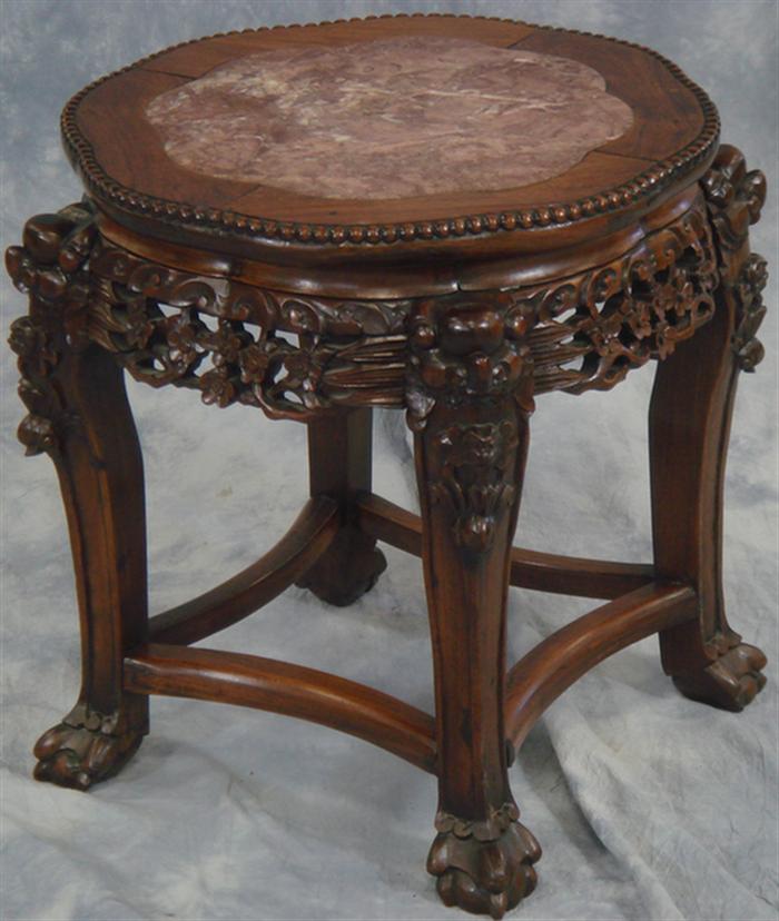 Appraisal: Carved rosewood Chinese taboret with rose marble insert d x