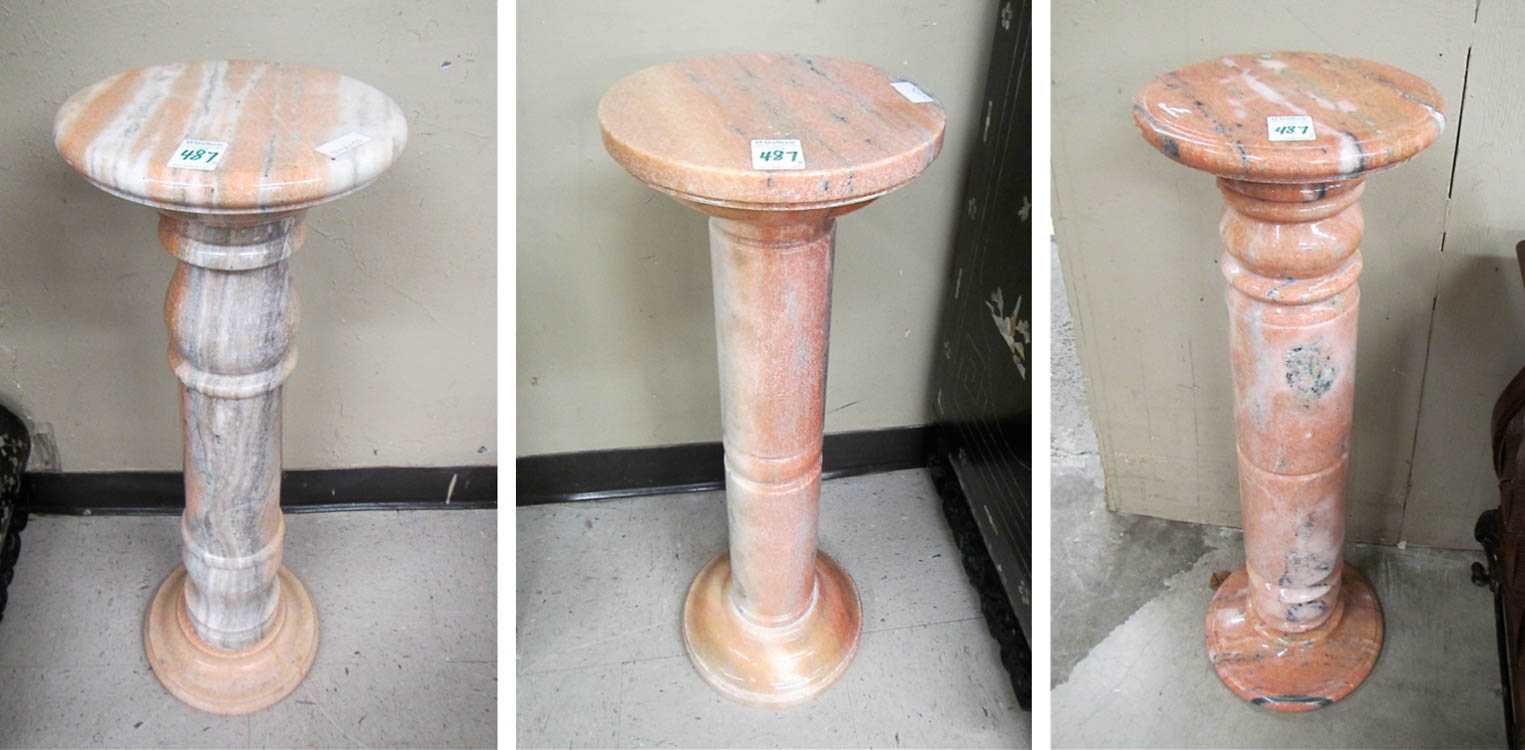 Appraisal: THREE MARBLE PEDESTALS similar gray salmon marble all with round