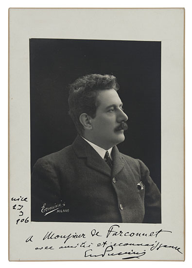 Appraisal: PUCCINI GIACOMO Photograph Signed and Inscribed A Monsieur de Forcounet