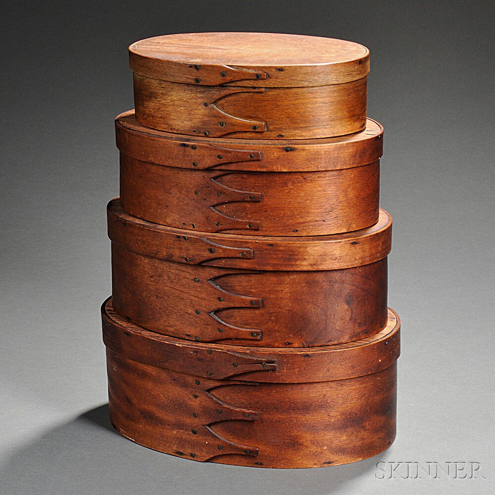 Appraisal: Set of Four Shaker Pine and Bent Maple Storage Boxes