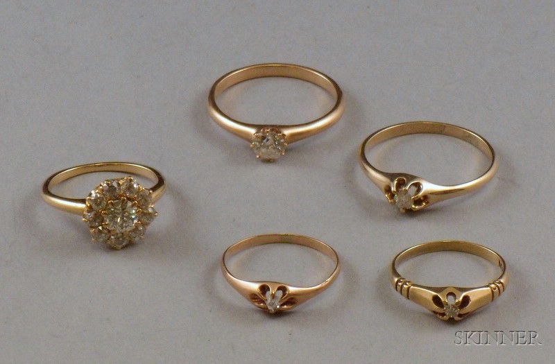 Appraisal: Four Yellow Gold and Claw-set Diamond Rings and a Gold