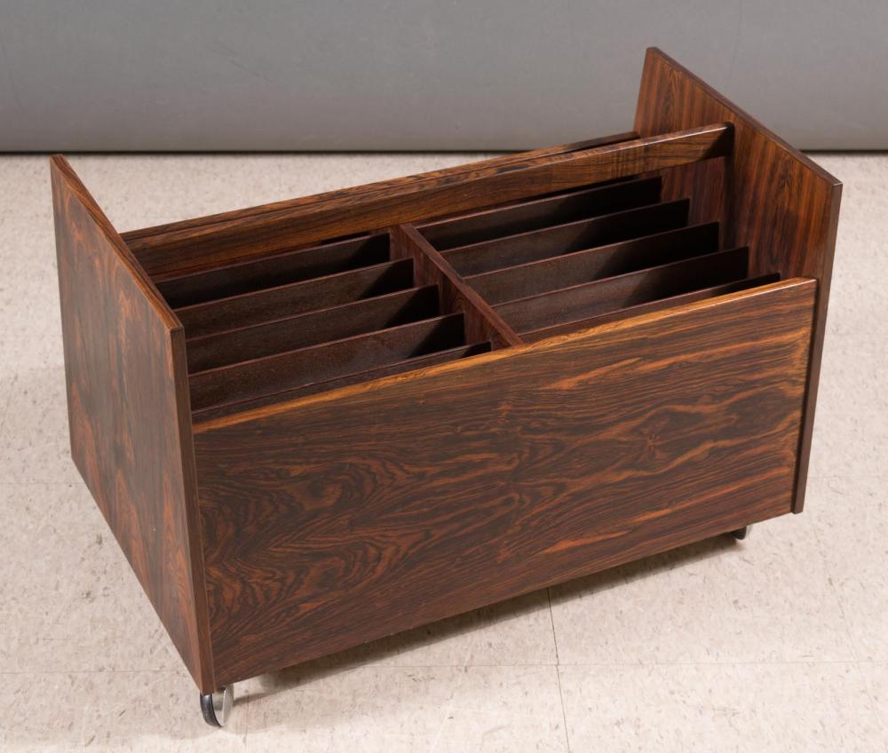 Appraisal: NORWEGIAN MODERNIST ROSEWOOD RECORD MAGAZINE STAND ON CASTERS Rolf Hesland