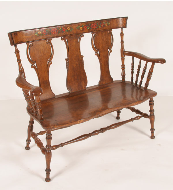 Appraisal: Oak windsor style bench triple cut-out decorative splat back curved