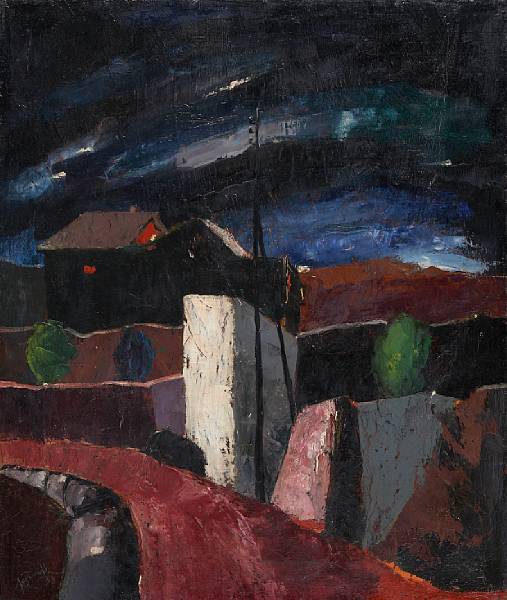 Appraisal: Jos Barcel th century Village at Night signed and dated