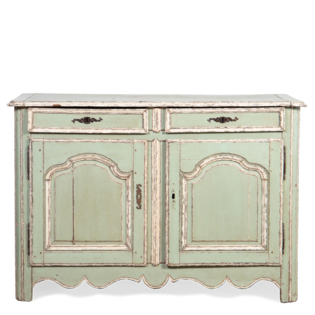 Appraisal: LOUIS XV STYLE DISTRESSED PAINTED BUFFET French carved wooden buffet