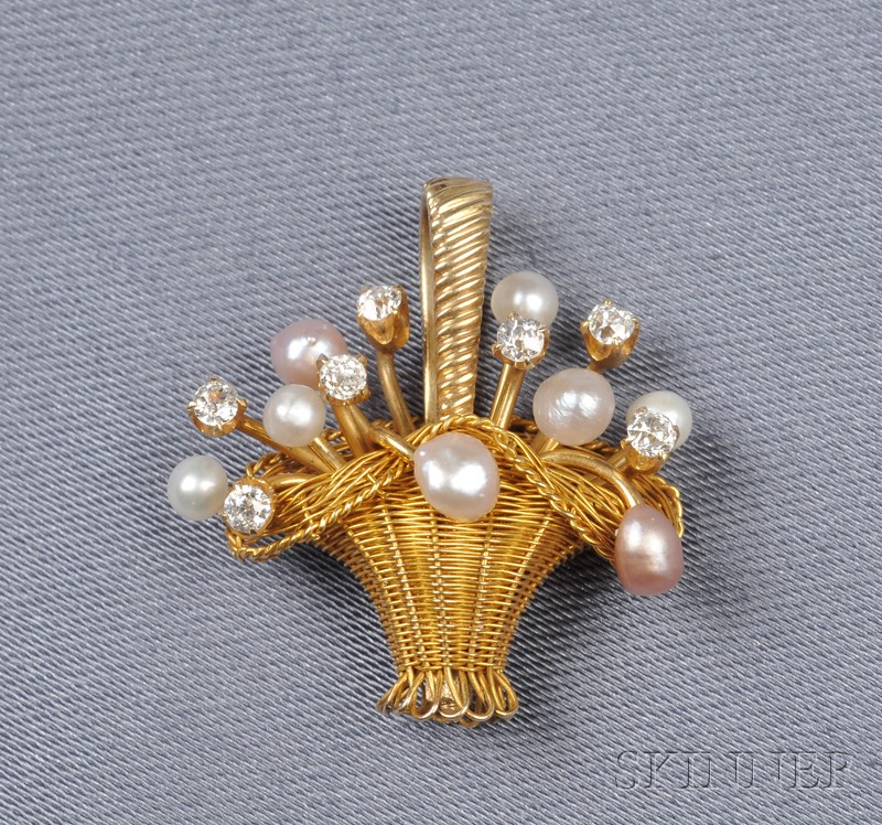 Appraisal: Antique kt Gold Diamond and Seed Pearl Basket Pendant the