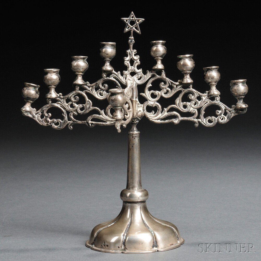 Appraisal: Miniature Silver Hanukkah Lamp tiered scrolled supporting candleholders raised on