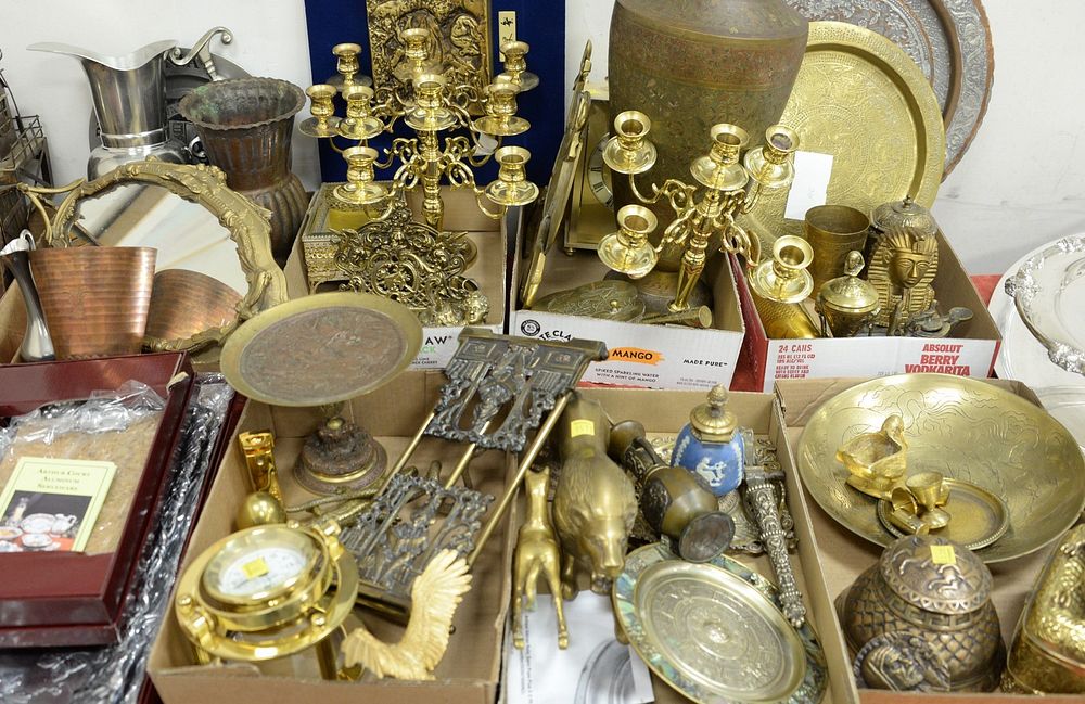 Appraisal: Eight tray lots of brass to include desk sets Tazza