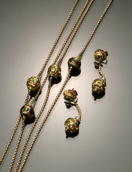 Appraisal: -Karat Yellow-Gold Green Tourmaline and Diamond Three-Piece 'Jewel Bead' Ensemble