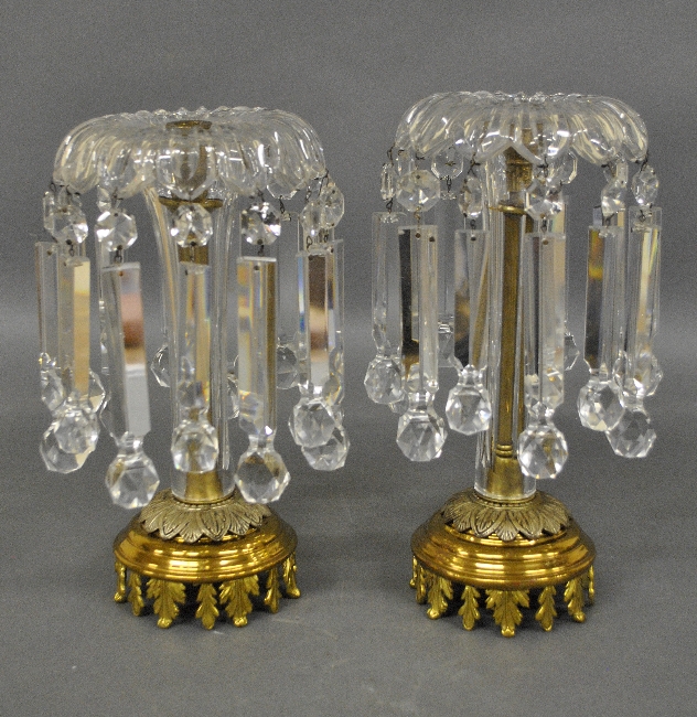 Appraisal: - Pair of glass and brass lusters with drop prisms