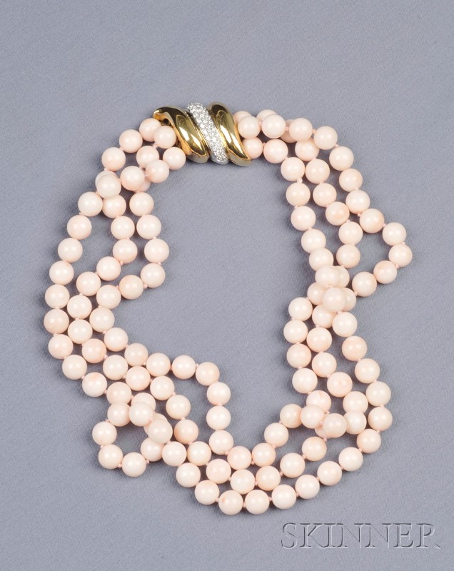 Appraisal: Multi-strand Angelskin Coral Bead and Diamond Necklace composed of thee