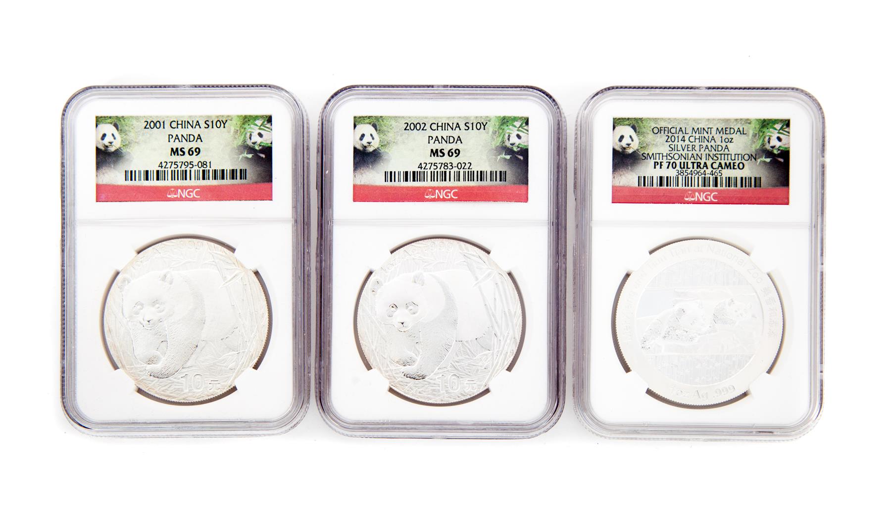 Appraisal: THREE SILVER CHINESE PANDA COINS and Y MS Official Mint