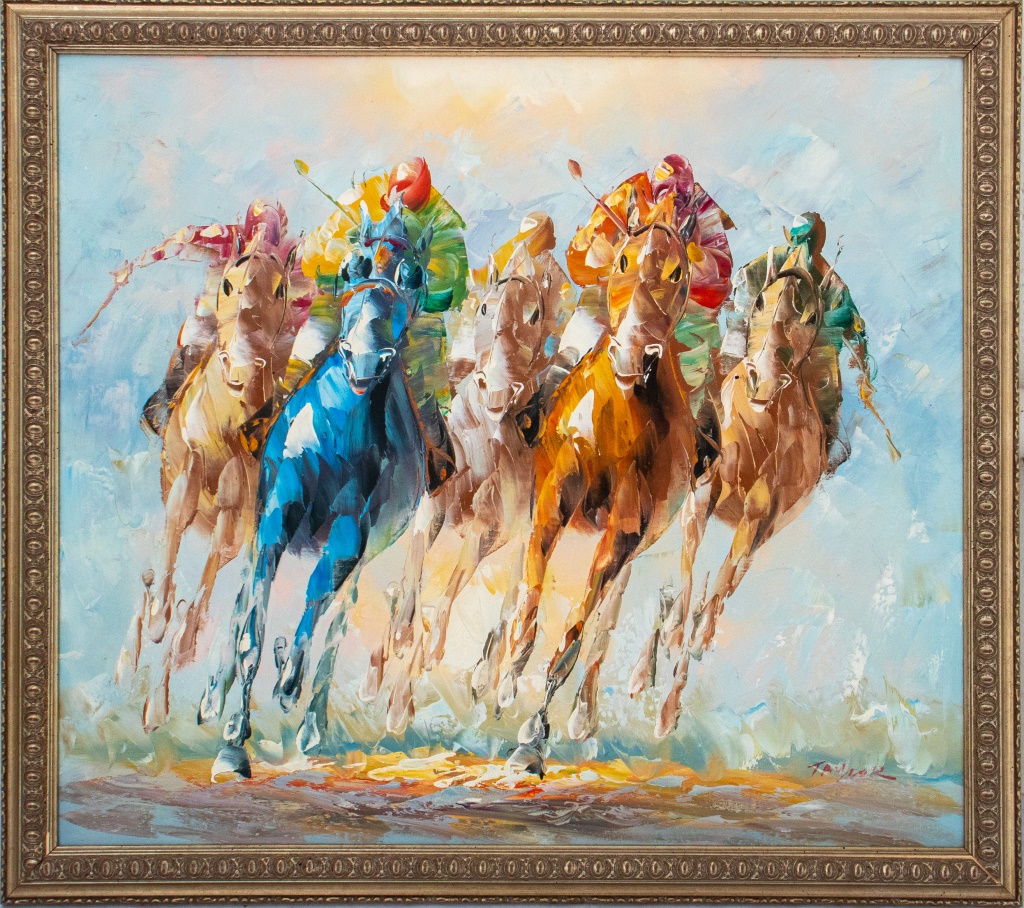 Appraisal: TAYLOR HORSE RACING OIL ON BOARD Oil on board depicting