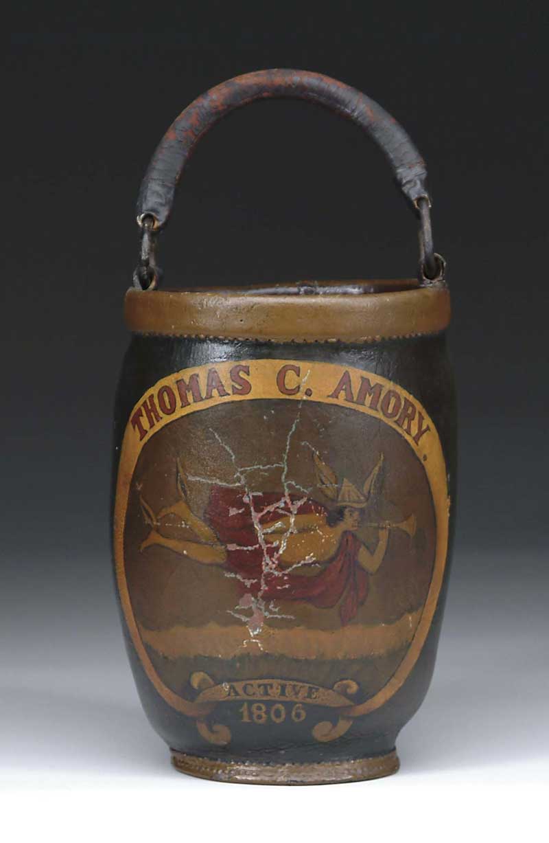 Appraisal: PAINTED LEATHER FIRE BUCKET THOMAS C AMORY Green bucket has