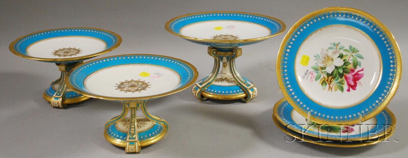 Appraisal: Partial Set of Six Minton Gilt Turquoise and Hand-painted Floral-decorated