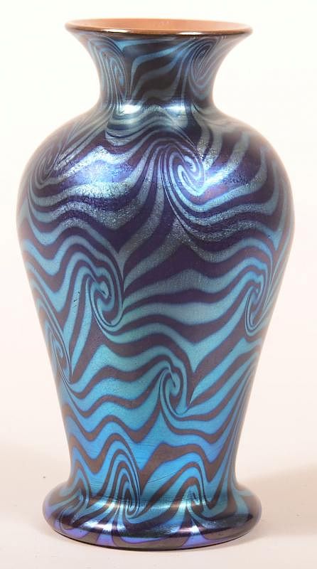 Appraisal: Durand Blue Iridescent King Tut Vase Signed Durand Blue Iridescent