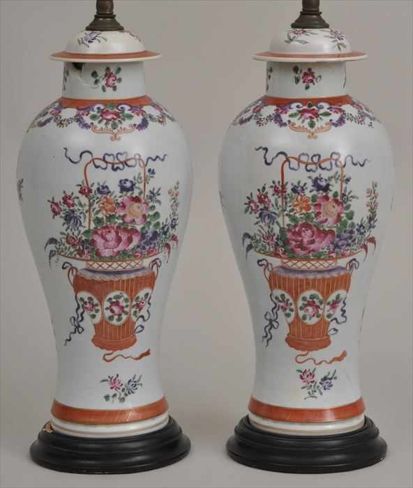 Appraisal: PAIR OF CHINESE EXPORT FAMILLE ROSE-STYLE PORCELAIN BALUSTER-FORM VASES AND