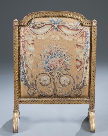 Appraisal: Regency Style Needlepoint Fire Screen Rococo Influence Gilt over Gesso