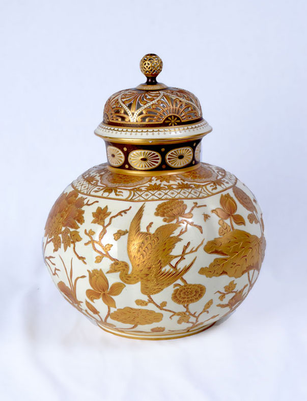 Appraisal: LARGE ROYAL CROWN DERBY GILT DECORATED GINGER JAR Reticulated open