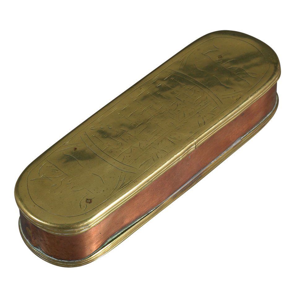 Appraisal: Dutch Engraved Brass and Copper Tobacco Box th century in