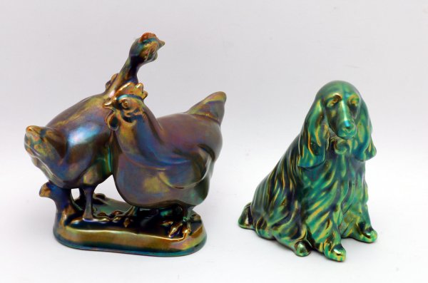 Appraisal: Two figures in standard Zsolnay green lustre glaze Hungarian Chicken