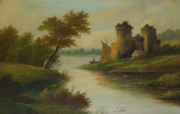 Appraisal: J Holt th century Landscape with ruined Castle and river