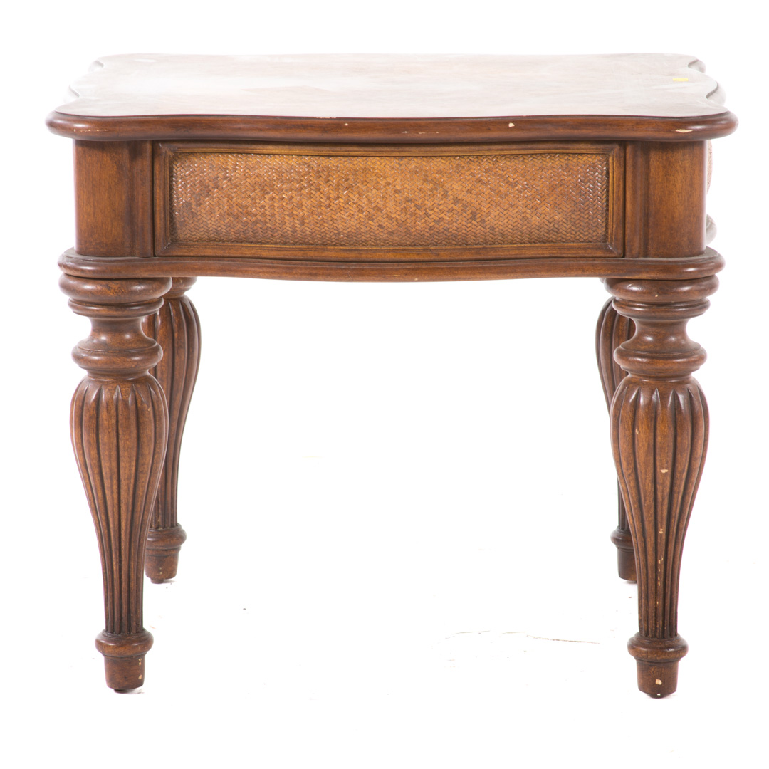 Appraisal: Contemporary stained wood and caned side table parquetry style top