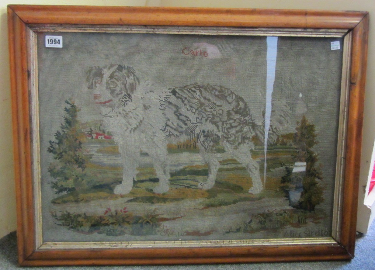 Appraisal: A Victorian woolwork picture of a dog titled 'Carlo' by