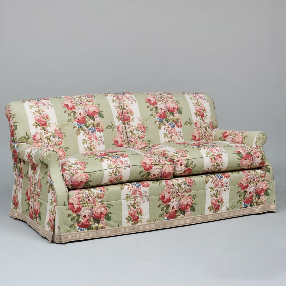 Appraisal: Floral Linen Two Seat Sofa With two pillows x ft