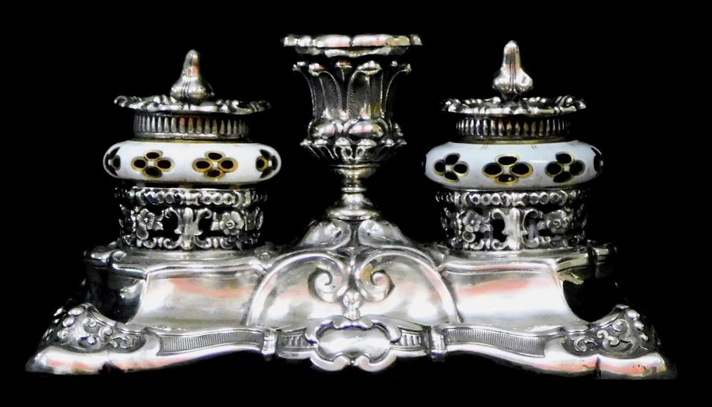 Appraisal: SILVER ' ' Silver inkwell with cased cut glass ink