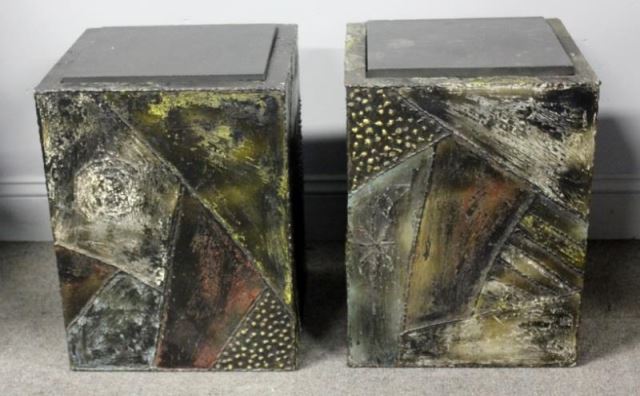 Appraisal: Midcentury Paul Evans Sculpted Cube End Tables Polychrome gilt metal