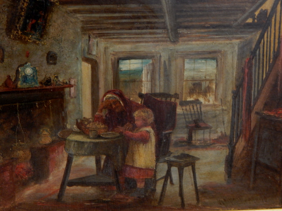 Appraisal: thC British School Cottage interior scene with old lady and